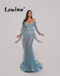 2024 Illusion Blue Party Dress Off The Shoulder Mermaid Prom Dresses Custom Made Beaded Sequins Aso Ebi Crystals Evening Gowns