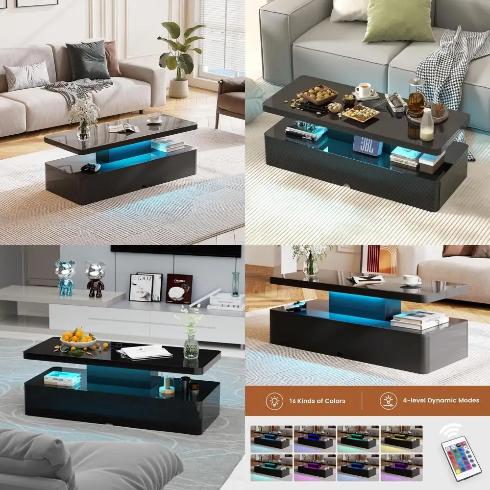 

40 Rectangular 2-Tier LED Coffee Table with 16 Colors, High Gloss Wooden Storage for Living Spaces, Black