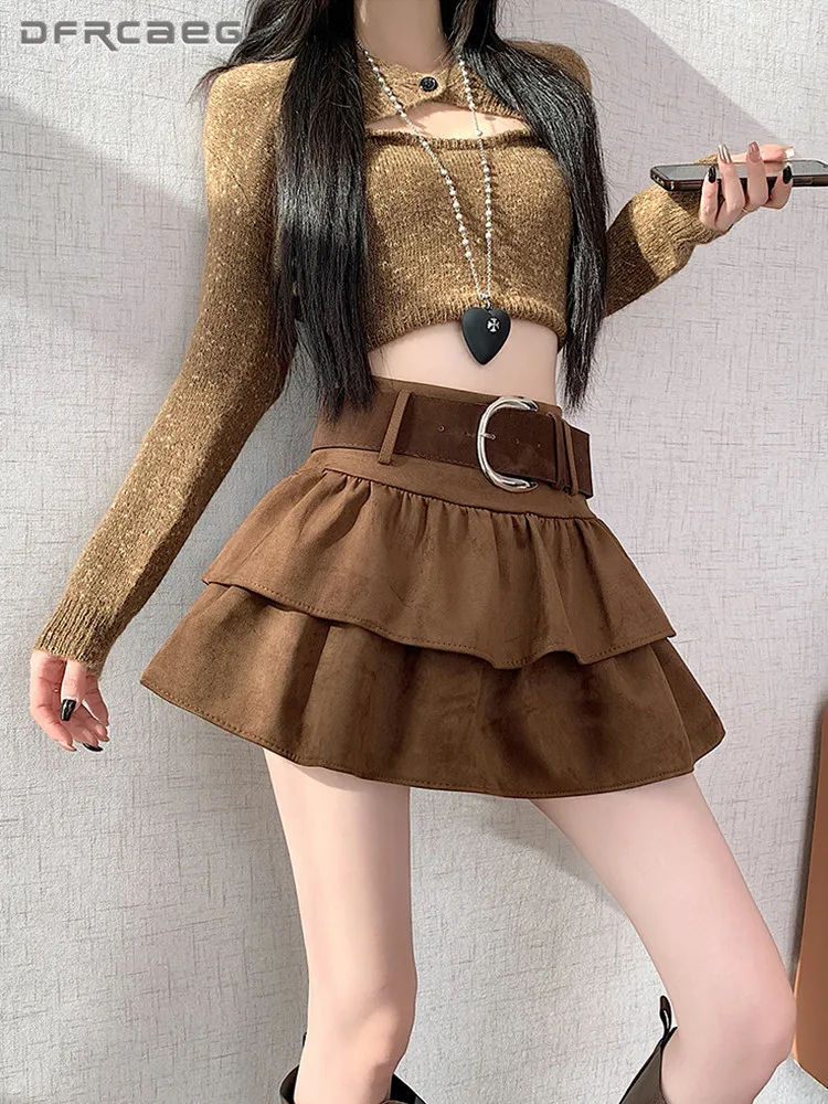 

Autumn and Winter Sweet Suede Cake Skirt With Belt High Waist Retro Ball Gown Hot Girl Short Skirts Female Brown