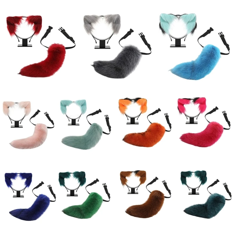 

E15F Cats Ear and Tail Set Faux Furs Foxes Wolf Ear Headband with Tail Halloween Christmas Cosplay Party Costume Accessories