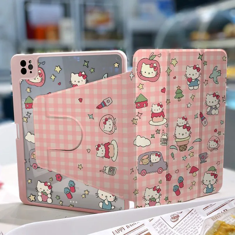 Cute Anime Hello Kitty Rotate IPad Case Kawaii Tablet Protective Cover Ipad 10th Air4 Pen Slot Anti Bending Anti Drop Air6 Cases