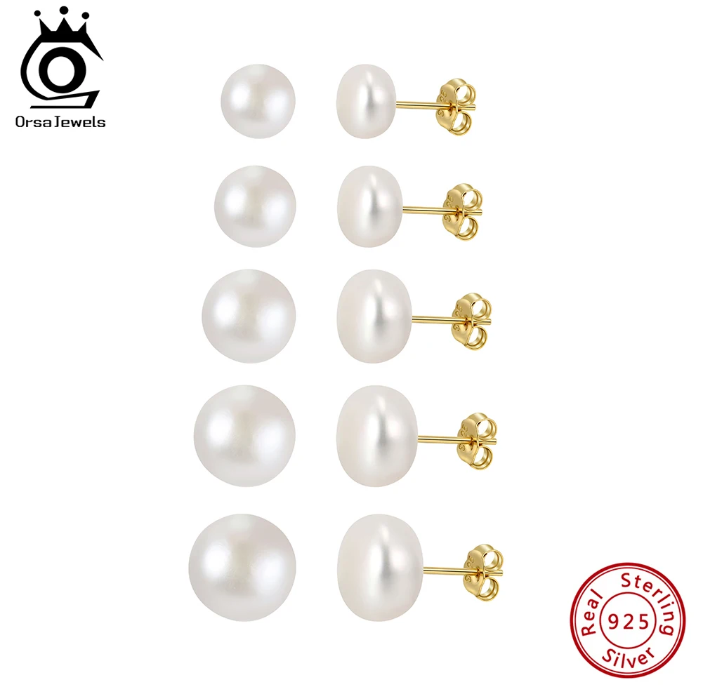 ORSA JEWELS Minimalism 1 pair Freshwater Pearl Ear Stud Real Pearls Stud Earrings 925 Silver Round Natural Pearl Ear Stud GPE104