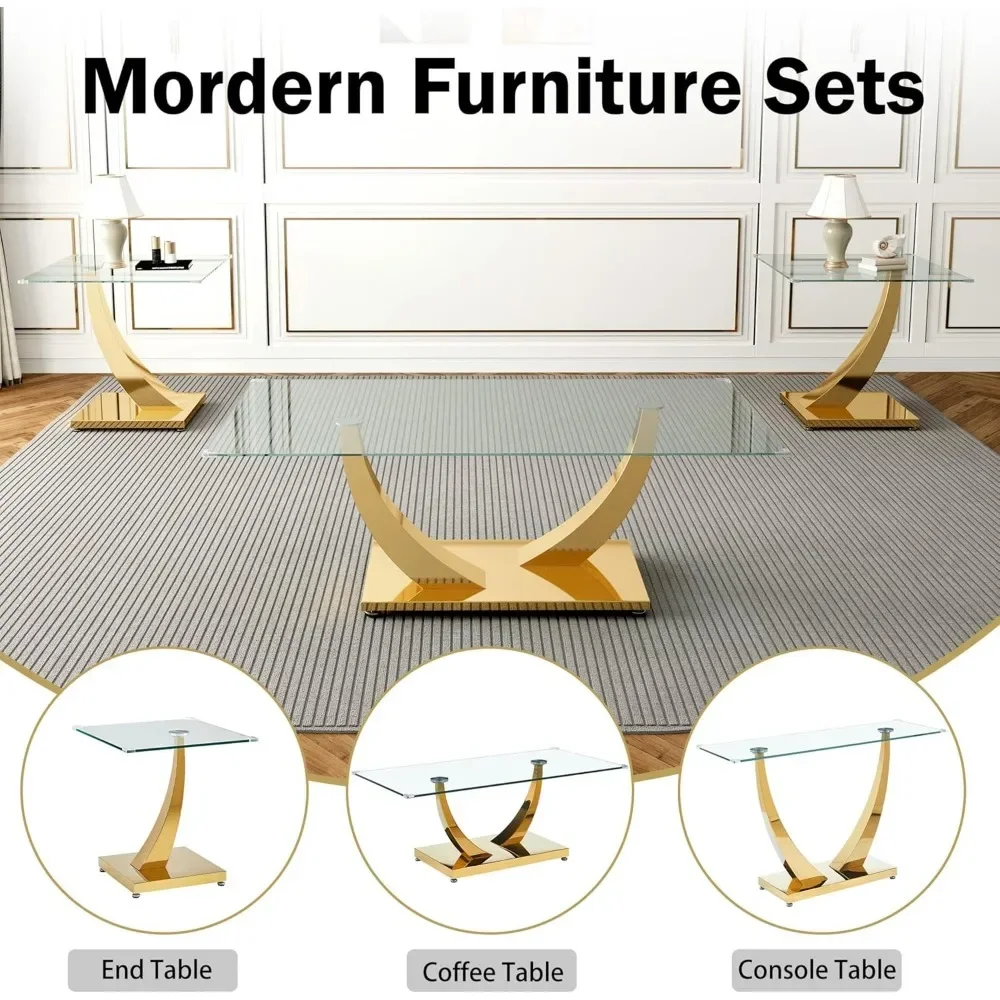 47" Clear Glass Coffee Table, Modern Gold Mirror Coffee Table with U-Shape Stainless Steel Legs, Tea Table