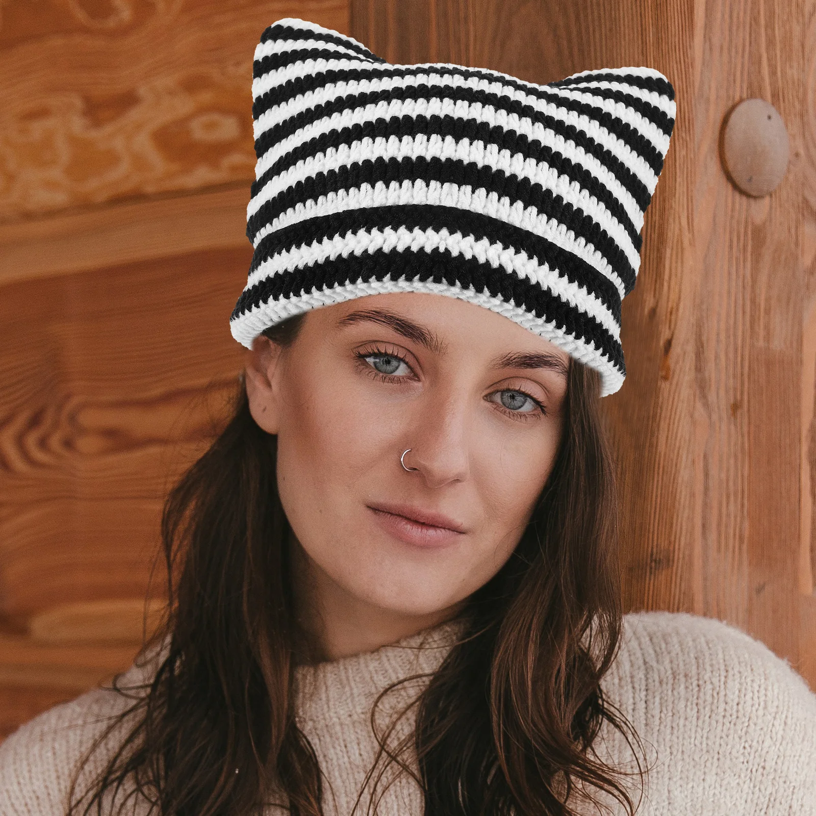 

New Women Winter Hats Knit Unisex Warm Striped Cat Ears Handmade Soft Comfortable Outdoor Activities Wear Pink White