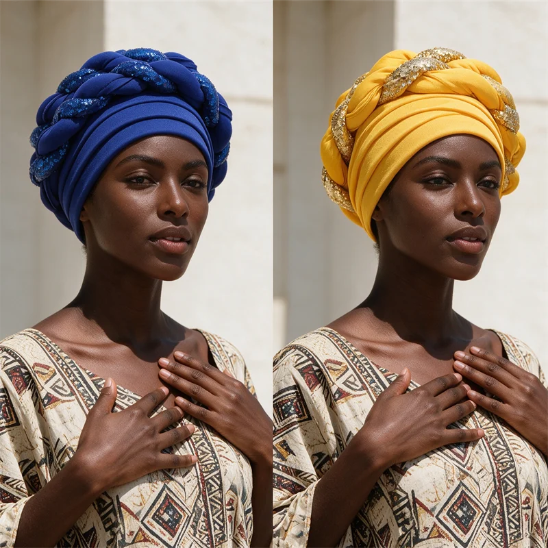 African Turban Cap Hijab Hat Auto Gele Headtie Head Wrap Bonnet Sequins Braids Already Made Wedding Party Headpiece Hijab 2026