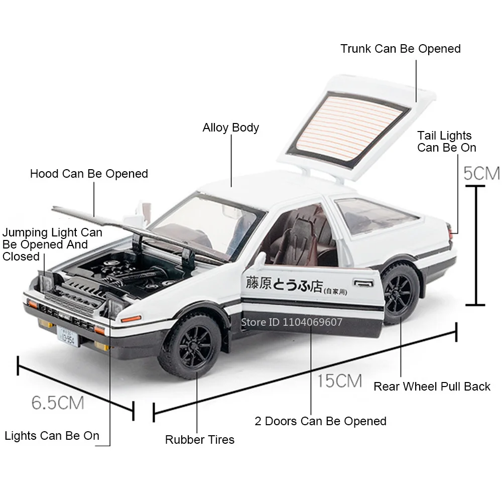 1:30 AE86 Modelli di auto giocattolo vintage Pressofuso in metallo Auto in miniatura 4 porte aperte Suono Luce Tirare indietro Veicoli di simulazione Regali per bambini