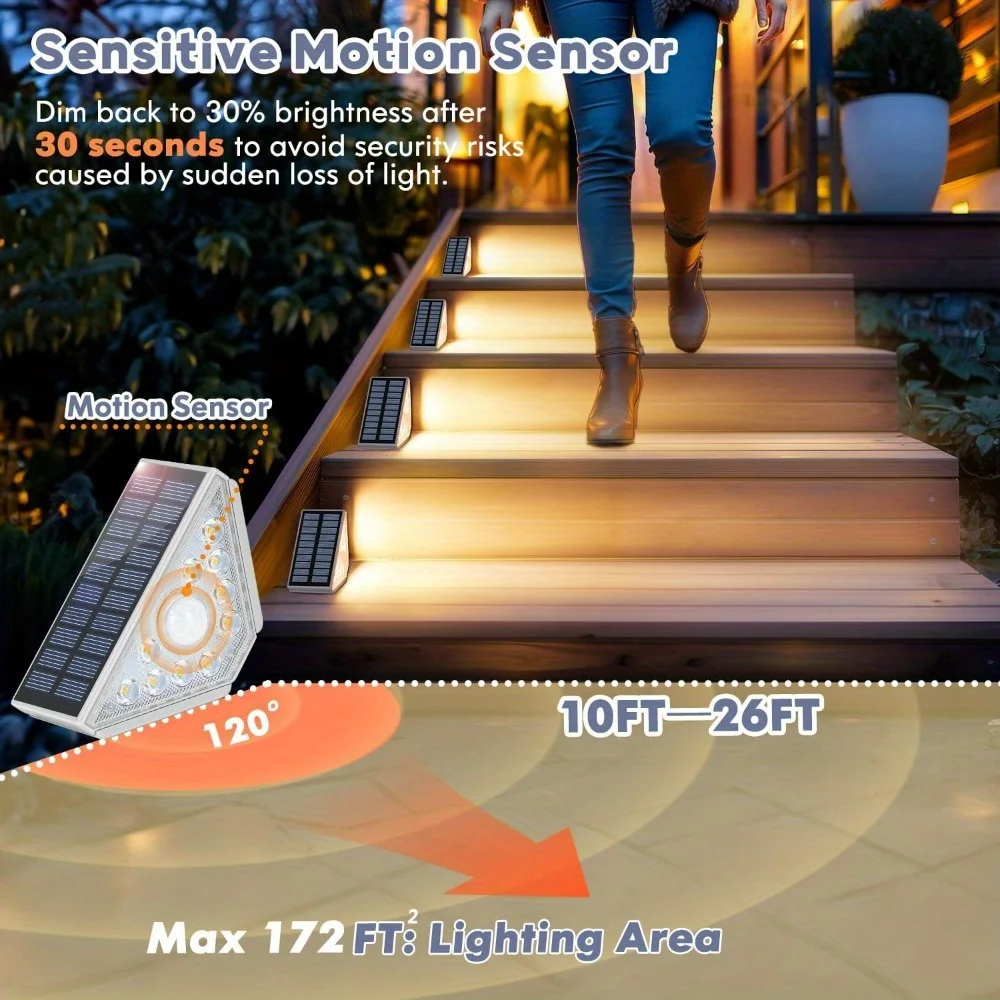 Motion Sensor Solar Stair Lights Outdoor Solar Step Lights For Outside 550lm Super Bright Warm LED Solar Powered For Porch Yard
