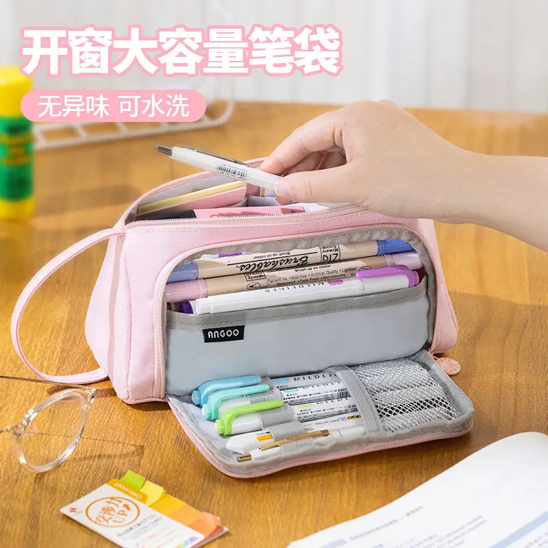 Large Capacity Oxford Cloth Pencil Case with Window, Simple Japanese Ins Style Pen Bag for Elementary and Middle School Boys