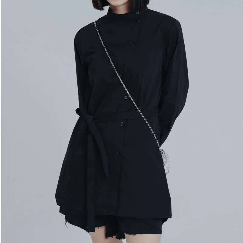 KWTX 에지 스트릿웨어 블랙 셔츠 탑 경량 스탠드 칼라 타이 벨트 사이드 스냅 캐주얼 봄 여름 2025 패션 시크