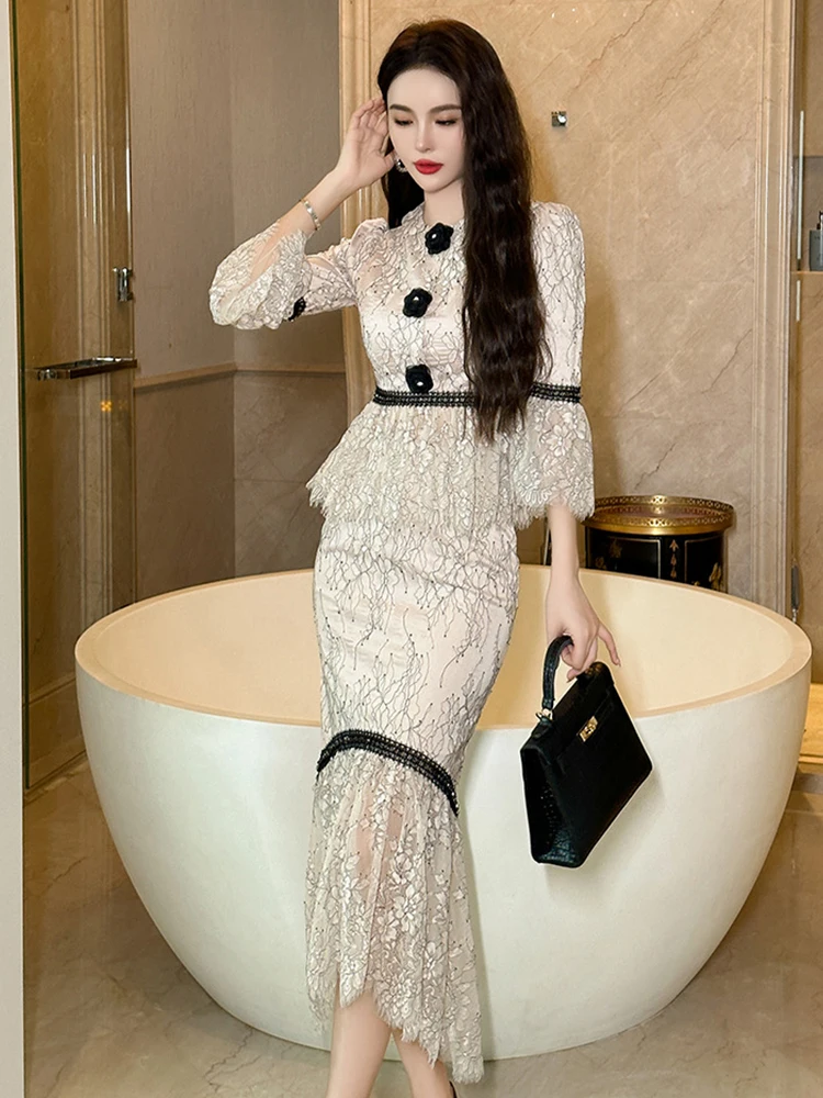 Celebrity Retro 2 Pieces Outfits Women Exquisite Luxury Lace Flowers Ruffles Tunic Tops Shirt Midi Fishtail Skirt Sets Autumn