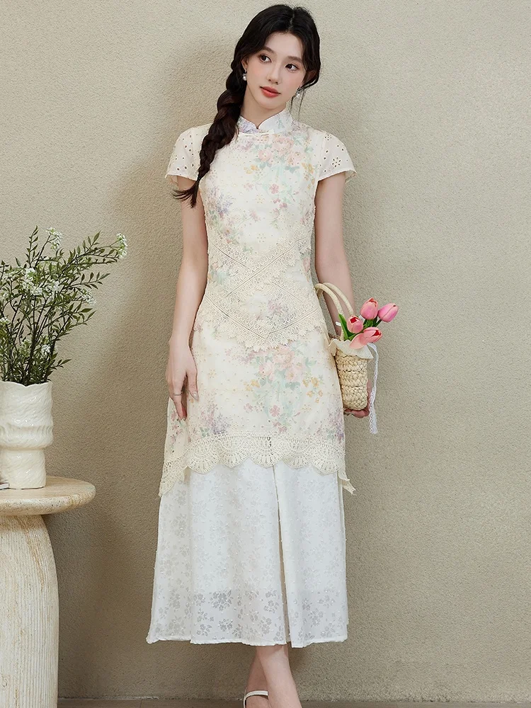

SMTHMA Exquisite New Chinese Style Cheongsam Women's Summer Dress Ladies Lace Hollow Out Fake Two-Piece Floral Embroidery Dress