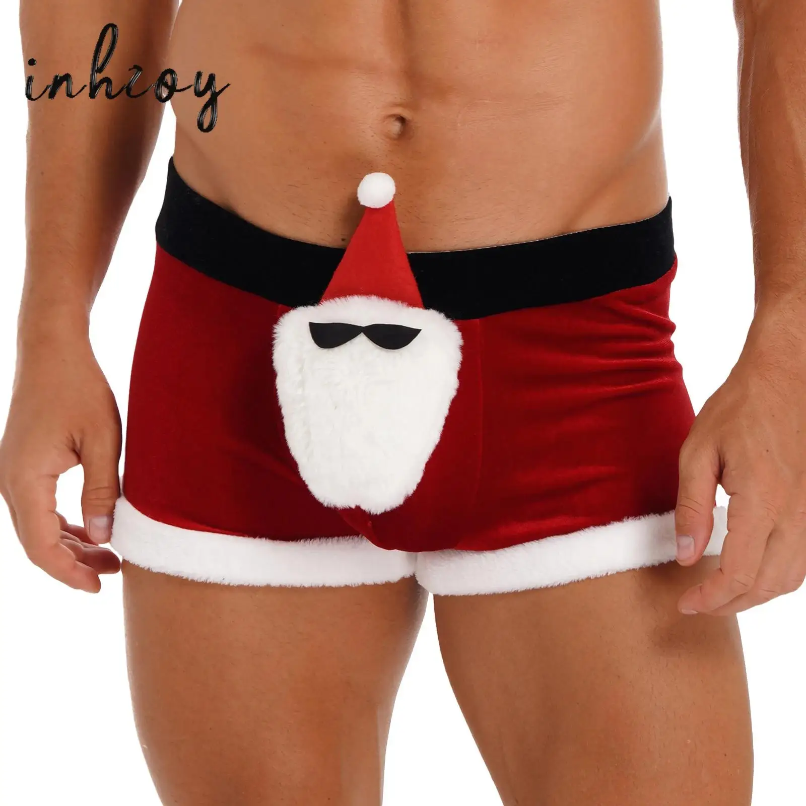 

Mens Christmas Boxer Shorts Funny Xmas Underwear Velvet Santa Claus Costume Bulge Pouch Holiday Briefs Shorts Lingerie Clubwear