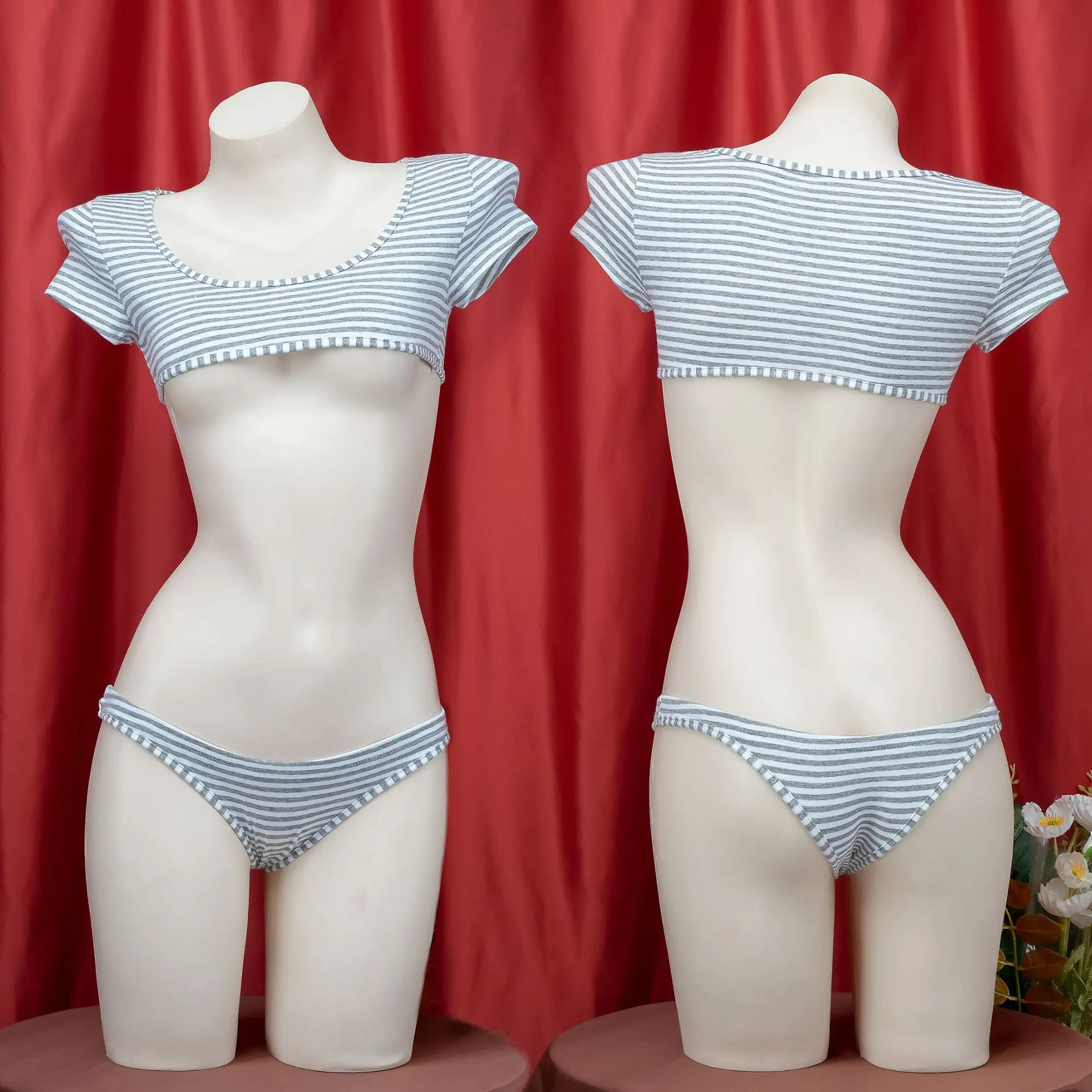Japanese Super Short Striped T-shirt Underwear Sets Three point style School Cosplay Costume Girls Uniform Bikini