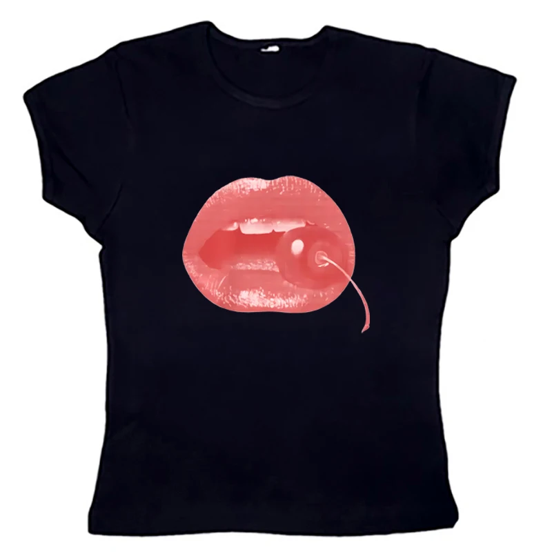 Gothic girl sexy big mouth printed T-shirt women's printed round neck slim fit short 90s sexy street casual Y2K top EMO girl