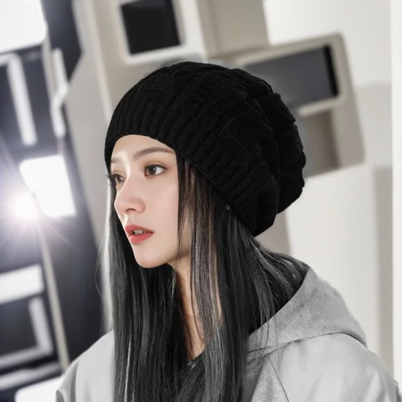 New Winter Beanie Skullies Hats for Women Colorful Big Size Warm Thick Knitted Hat Female Curling Pile Confinement Bonnet Cap