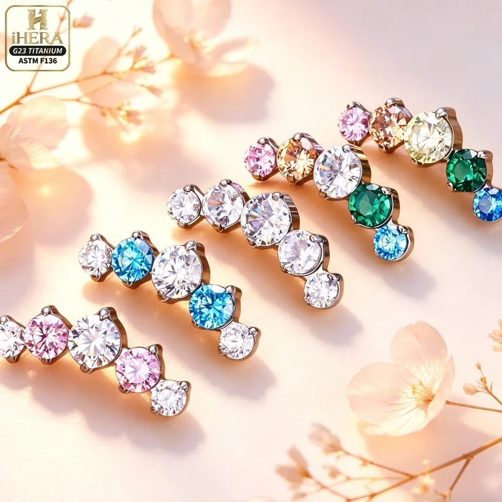 ASTM F136 Titanium Piercing Colorful CZ Inlaid Internal Thread Flat Back Earrings Set Ear Labret Lip Ring Cartilage Jewelry