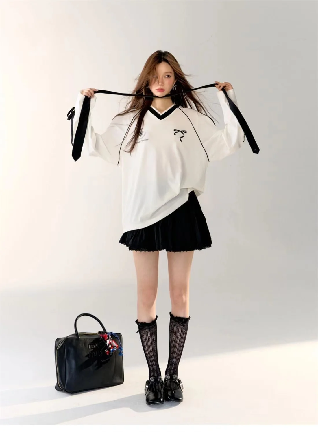 الأمريكية بلون مطبوعة شريط الخامس الرقبة الخريف والشتاء جديد فضفاض جميع الأزياء جيرسي طويلة الأكمام الدافئة هوديي امرأة #6