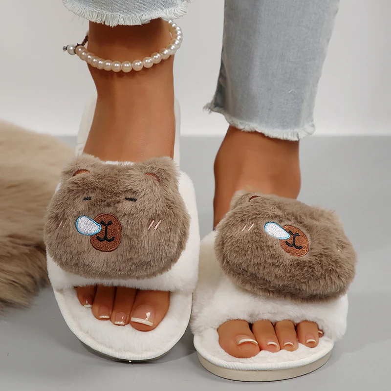 

Зимние милые плюшевые тапочки с рисунком капибары для женщин, удобная домашняя обувь на мягкой подошве, женские нескользящие пушистые меховые шлепанцы