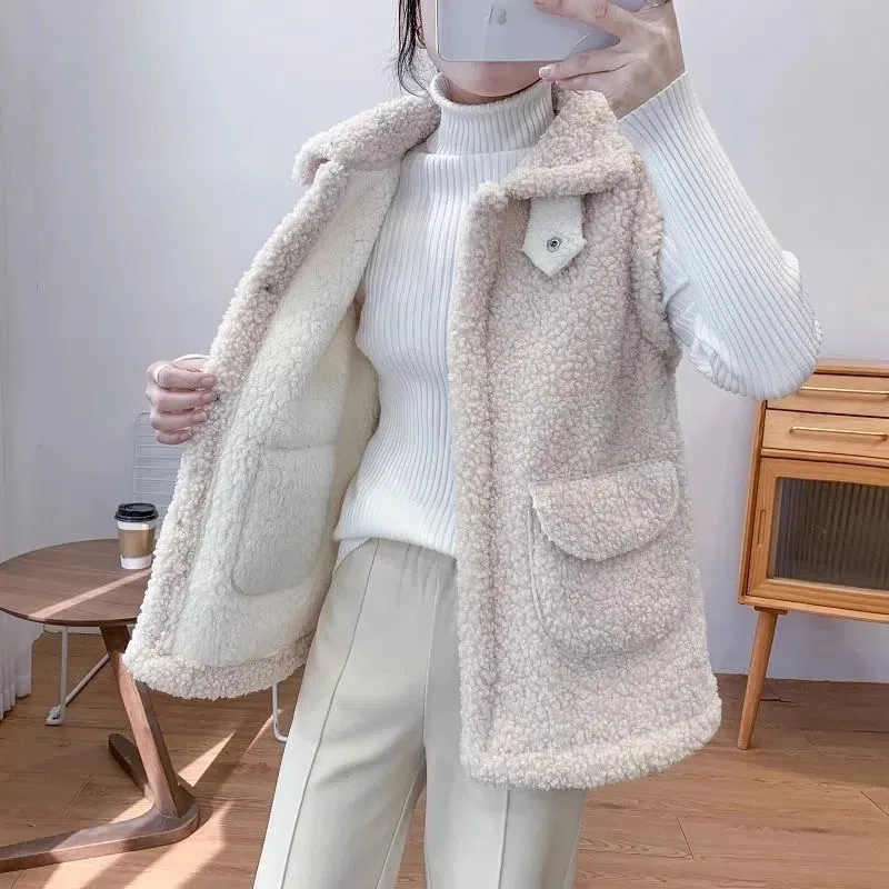 Women Fleece Teddy Vest Lapel Thick Warm Sleeveless Waistcoat Pockets Casual Outerwear For Autumn Winter