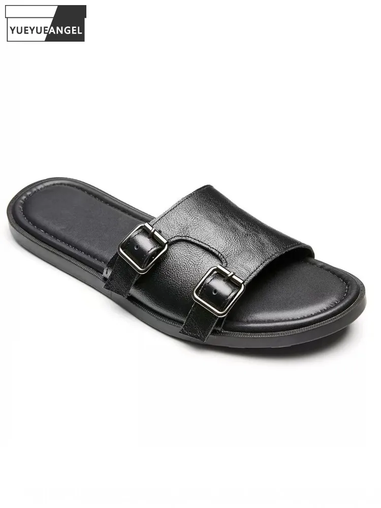 Summer Genuine Leather Mens Slippers Fashion Platform Causal Flat Shoes Pin Buckle Breathable Outside Slides Beach Shoes Male