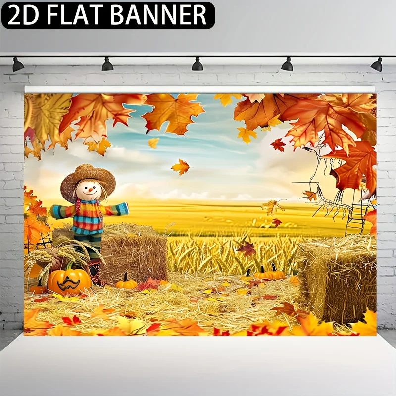 قطعة واحدة من قماش خلفية عيد الشكر لحصاد الخريف - قطعة واحدة من اليقطين والقش ونمط أوراق القيقب