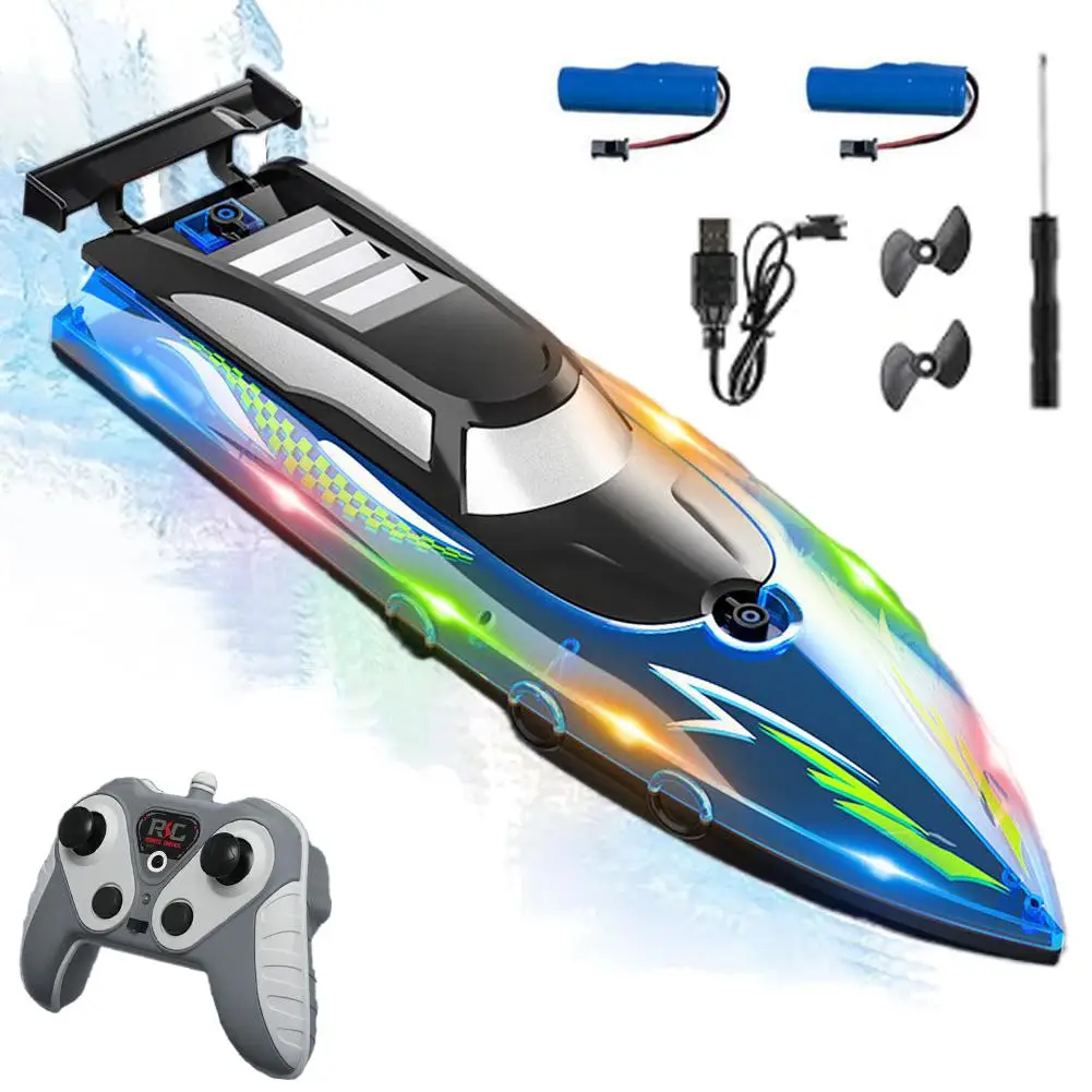 Barco RC de alta velocidad para niños y adultos, barco de carreras de doble Motor con luces LED, barco de Control remoto impermeable, juguete, regalo de cumpleaños