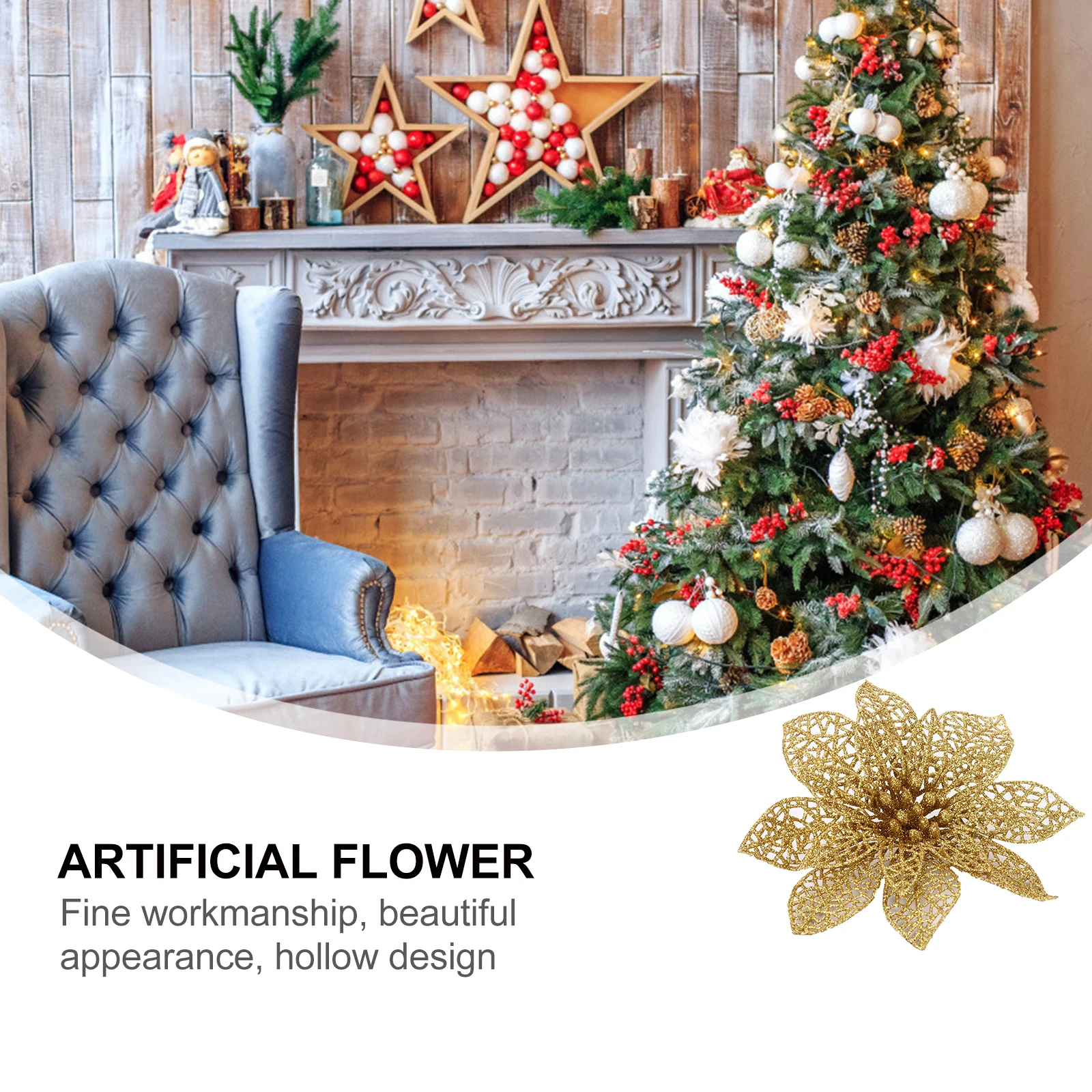 

20 Pcs Simulated Christmas Tree Flowers Xmas Decoration Poinsettia Hollow Glitter