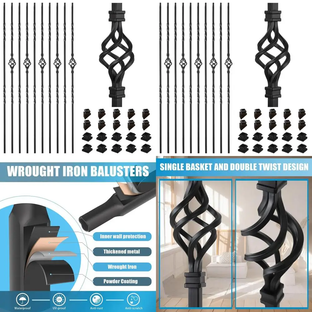 

10 Pack Half-Inch Square Hollow Metal Staircase Balusters with Single and Double Basket Design, Includes 10 Lat Shoes & 10 Angle