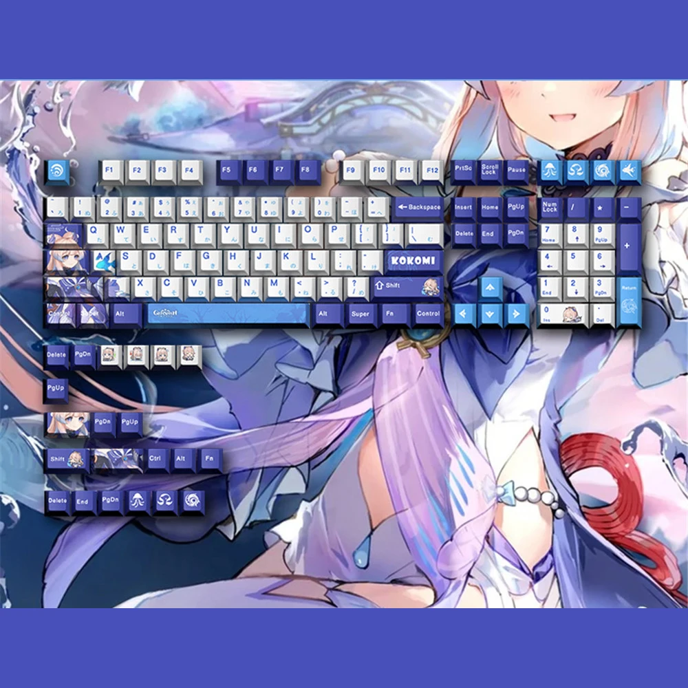 Teclas PBT de 128 teclas de Anime, teclas personalizadas de personajes de juego para Cherry MX Switch, Teclado mecánico Kokomi, alfombrilla de ratón