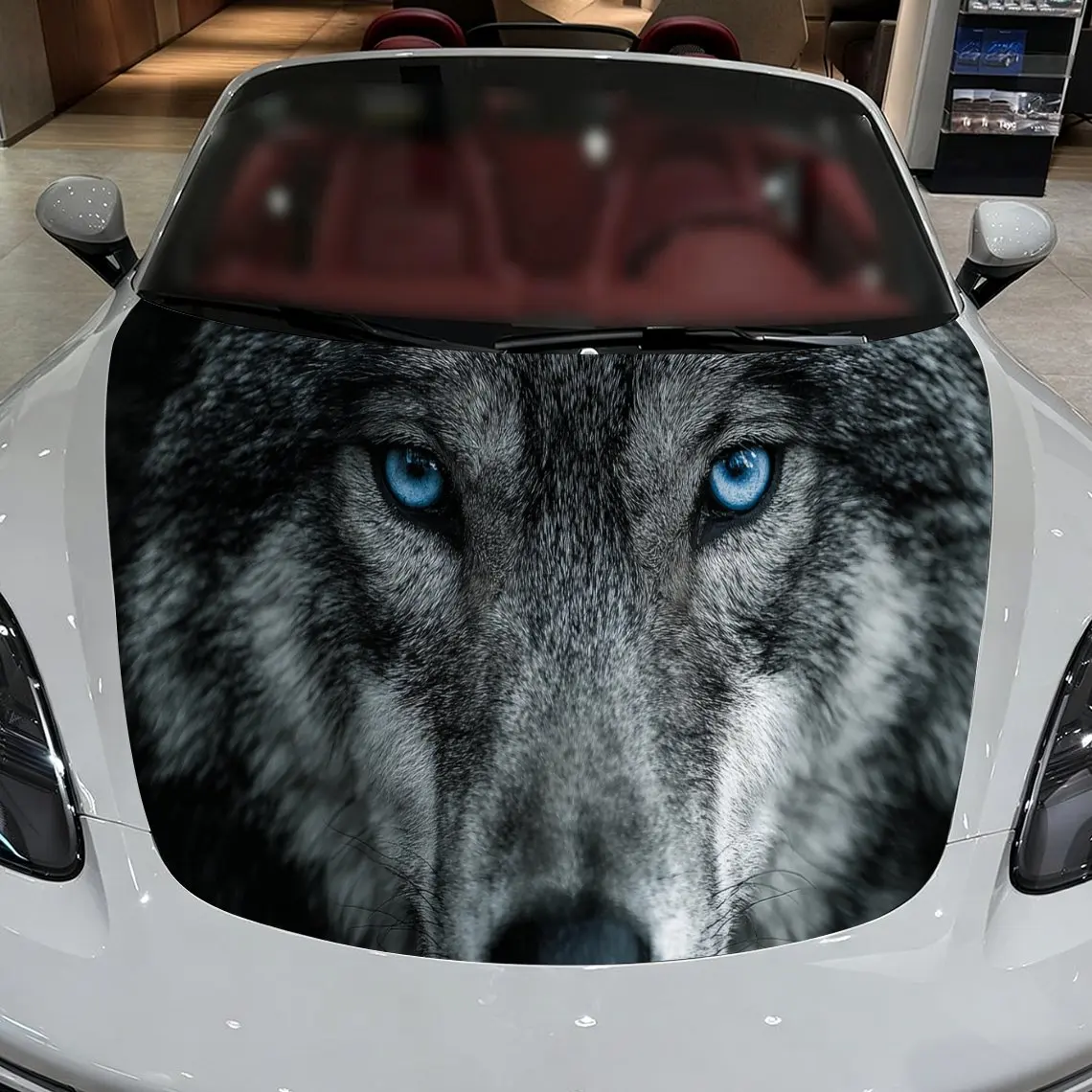 Car Decals A Wolf With Piercing Blue Eyes In Intense Close - Up Scene Creation Car Hood Sticker, Waterproof Self - Adhesive Viny