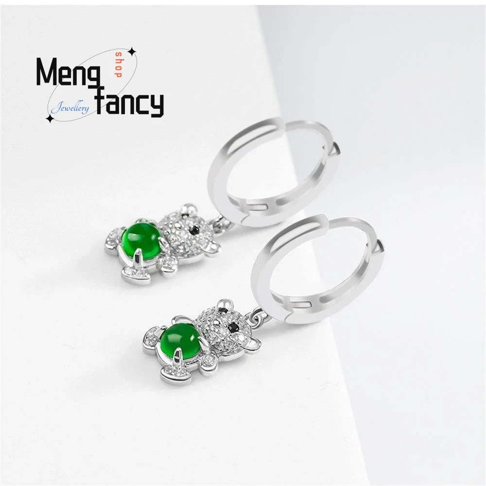 S925 Silver Inlaid Natural A-goods Jadeite Bear Positive Green Earrings Cute Exquisite Elegant Sexy Young Girls Fashion Jewelry