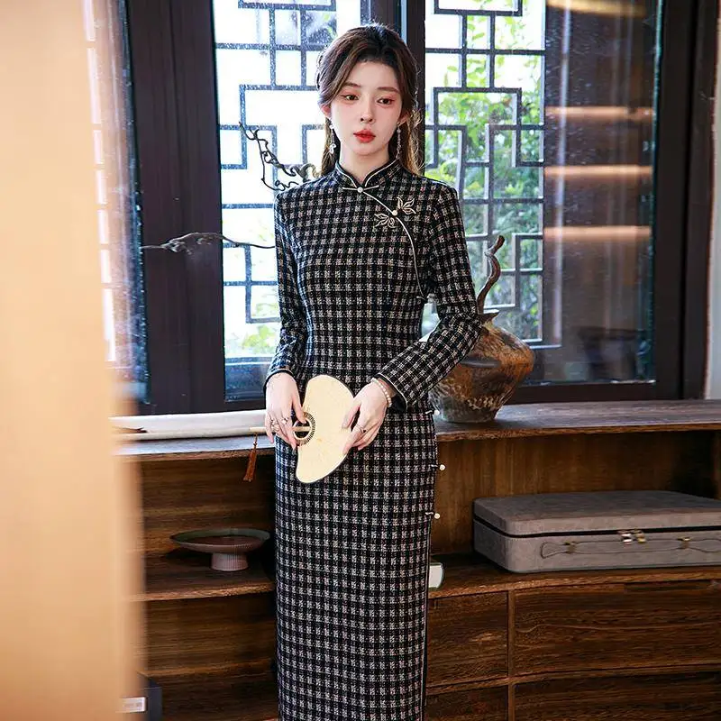 

Stunning New Chinese Sle Thi Warm Improved Mom Dr Daily Wear Autumn Winter Plaid Long Sve Midi Skirt