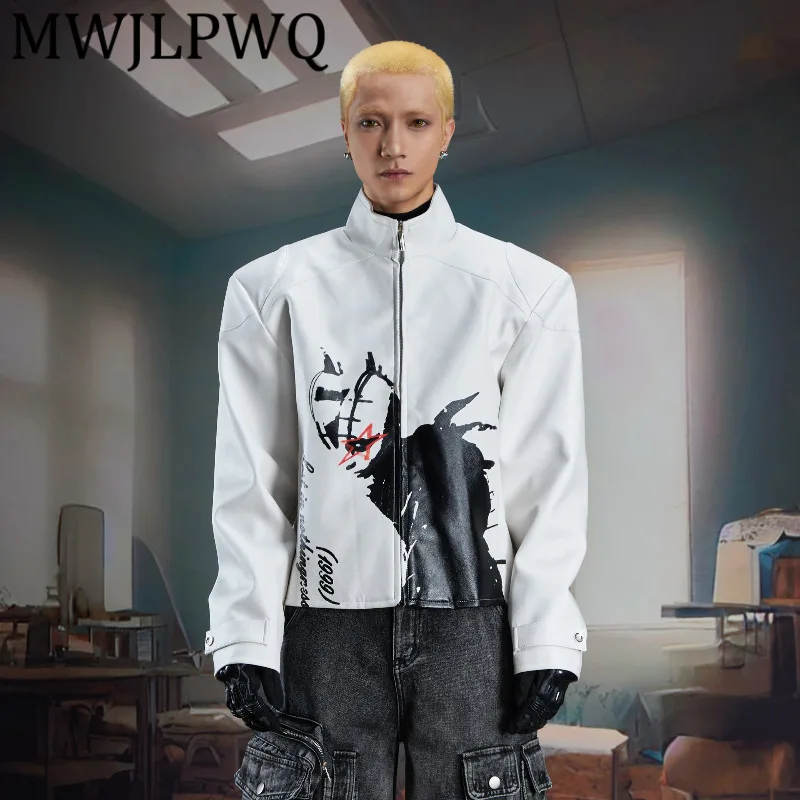 

MWJLPWQ Men's Printed Niched Leather Jacket High Street Stand Collar Loose Short Zipper Versatile Unisex Trendy Casual Top 11910