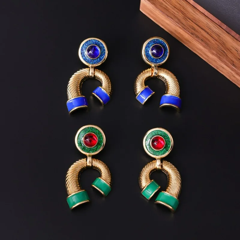 

Autumn New Retro Vintage Niche Design Earrings Medieval Temperament High-end Court Style Earrings Colored Enamel Glass Earrings
