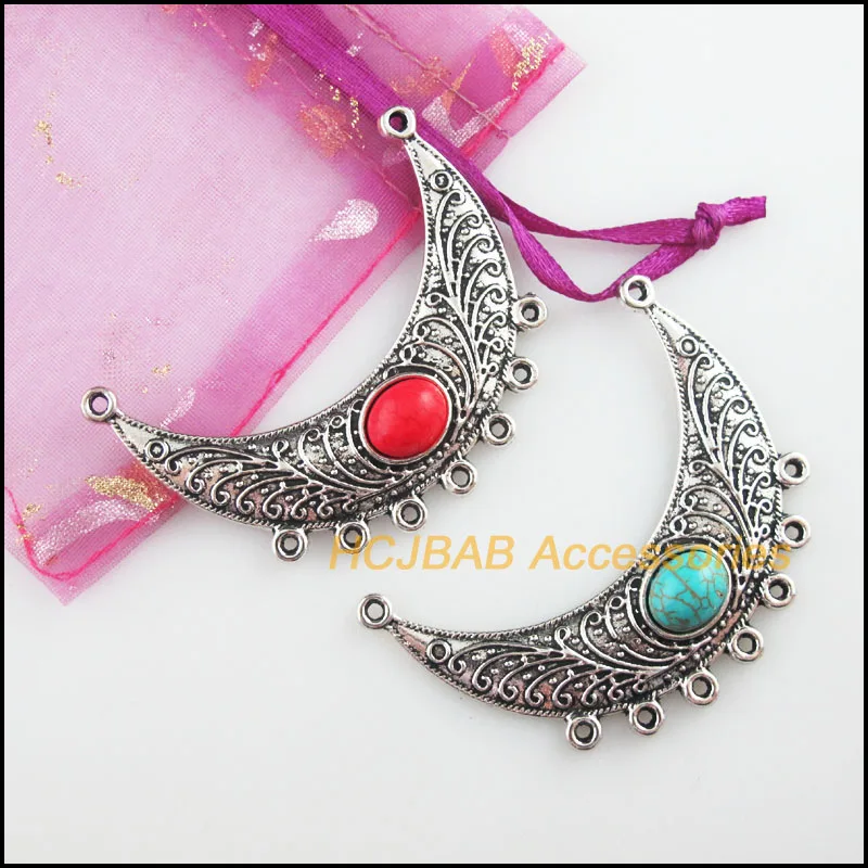 Fashion 4Pcs Retro Tibetan Silver Tone Flower Moon Blue&Red Stone Charms Connectors 37x54mm