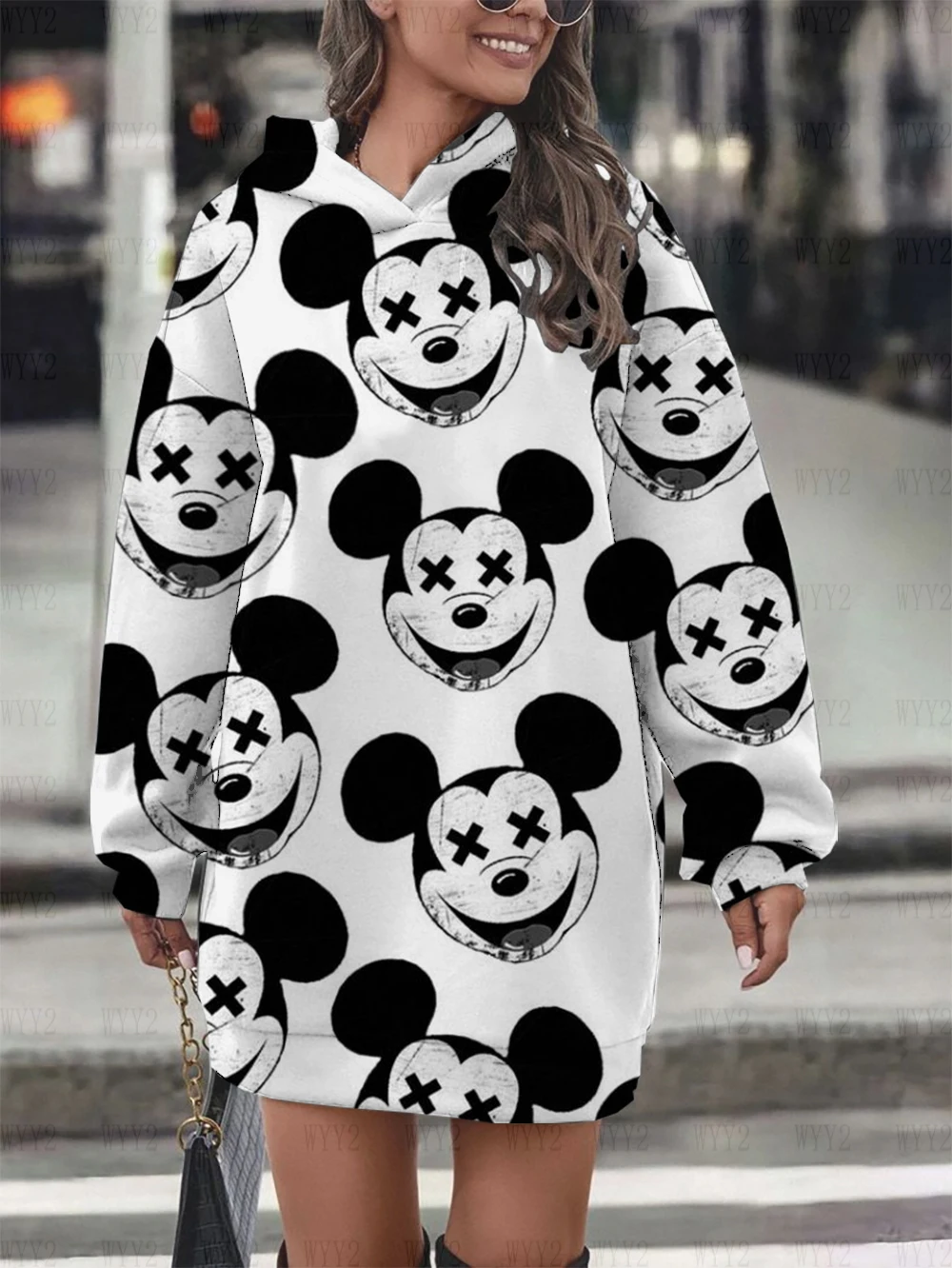 Autumn Winter Disney Mickey Mouse Mickey Print Hoodie Sweater Dress Casual Street Style Fashion Simple Ladies Sweater Dress