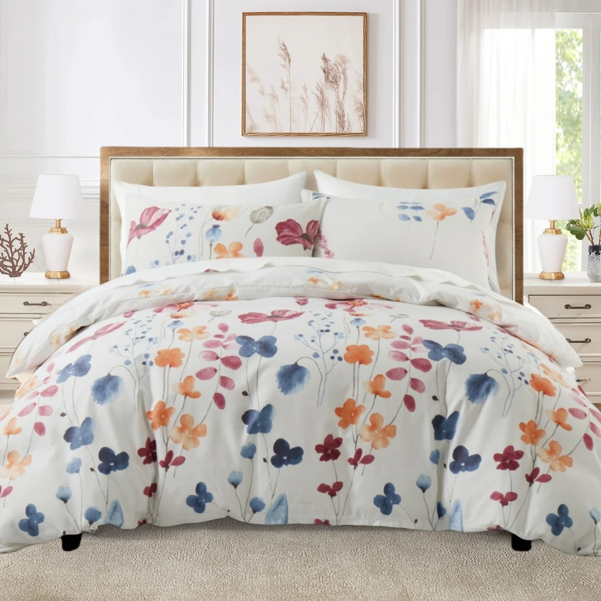 

Watercolor Floral Duvet Cover Queen Set Size Farmhouse Style Bedding Sets Soft Modern Leaves Botanical Design Comforter Covers
