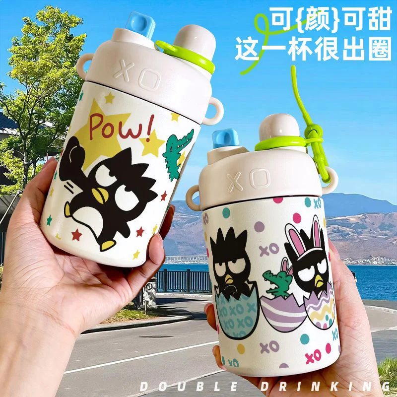 Kawaii Sanrio Bad Badtz Maru Child Thermos Cup Student Water Cup High Capacity Straw Double Drink Anime Figure Festival Gift