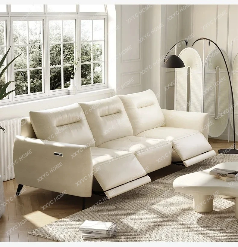 A  Electric sofa leather first layer cowhide living room modern cream wind multi-functional leather art three people