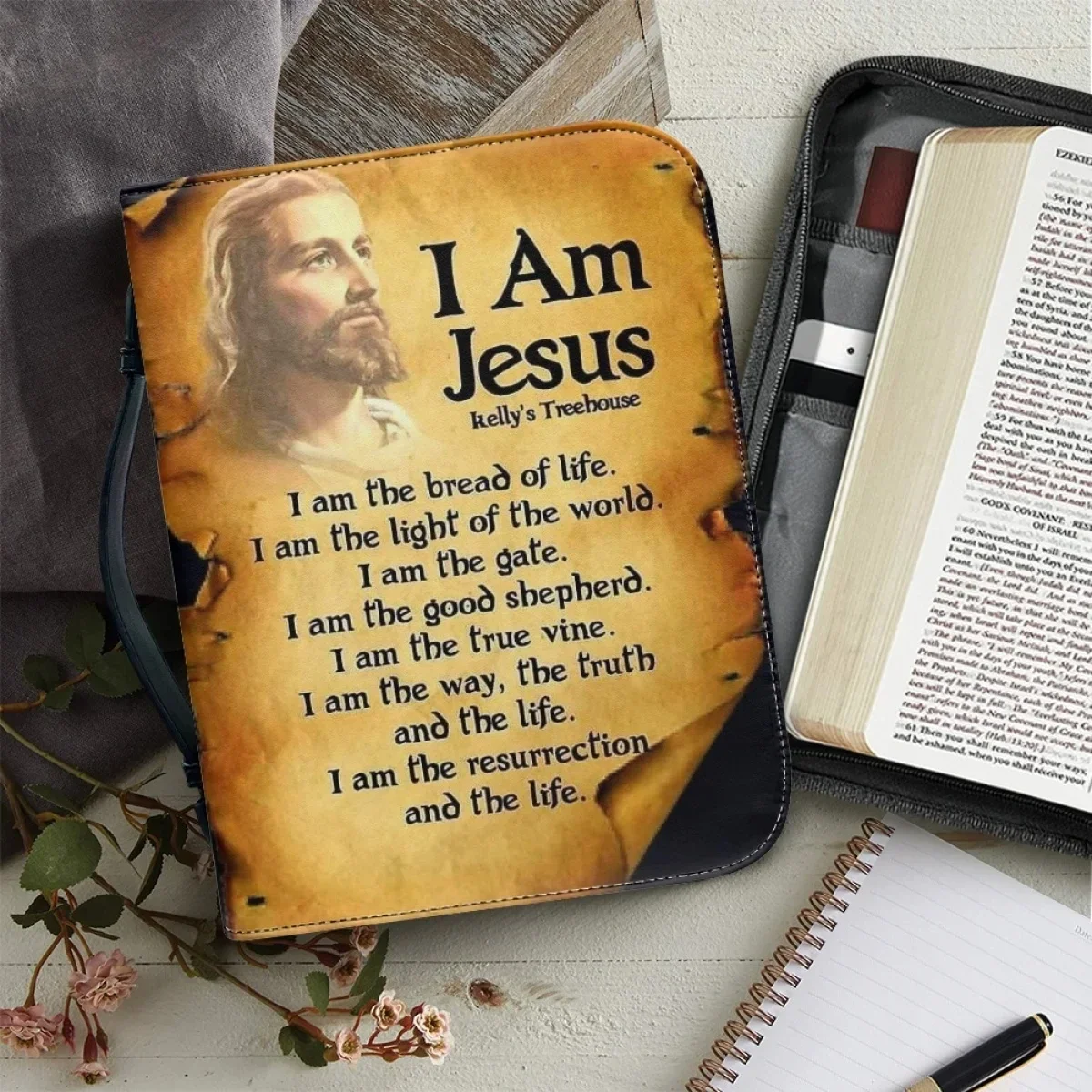 

Bible Hymn Excerpt Print Women's Bible Bag PU Leather Zippered Handle Handbags Bible Carrying Case Study Book Holy Storage Boxes