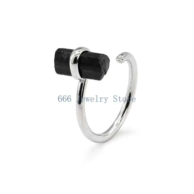 F2TD Adjustable Black Stone Ring Open Statement Jewelry with Framed Setting Approx 3 X 3 Cm for Daily Wear Styling Gift