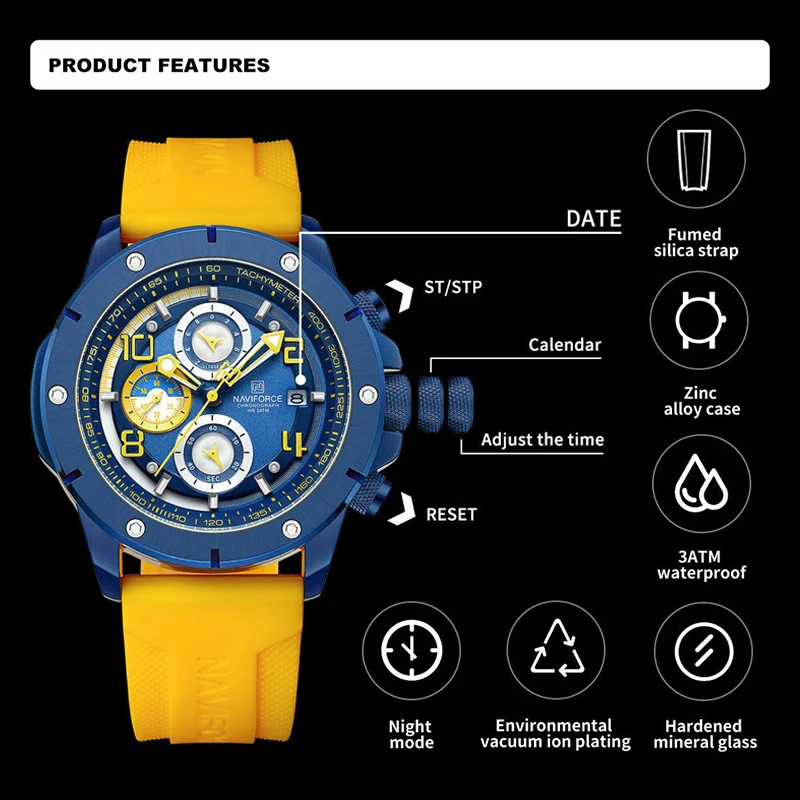 NAVIFORCE Trend Fashion Watches for Men Sport Waterproof Silicone Strap Man Chronograph Auto Date Display Male Quartz Wristwatch