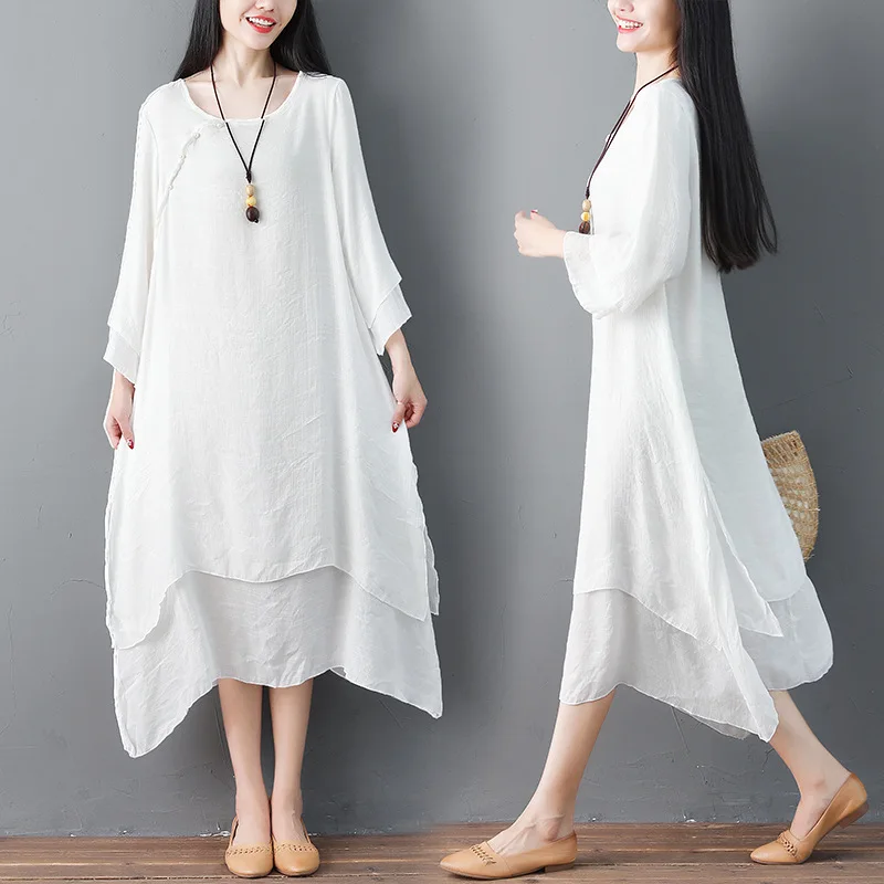 

2022 Spring New Oversized Literature Art Vintage Fake Two Piece Cotton Linen Dress Women Long Sleeve Loose Casual Dresses Robes