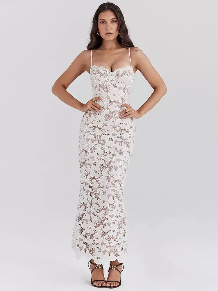 New High-End Women's Fit Slim and Suspender Long Jacquard Hollow Skirt Dress