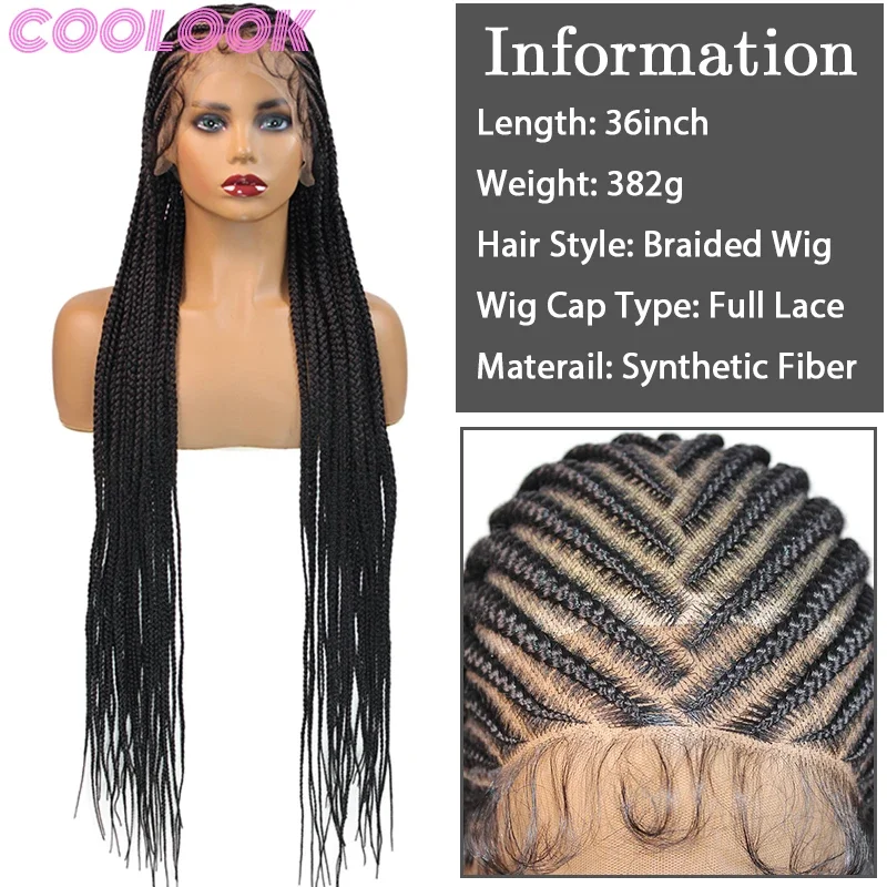 Wig kepang sintetis renda penuh 36 inci, Wig buatan tangan tanpa simpul untuk wanita Afrika, Wig renda Frontal tahan panas