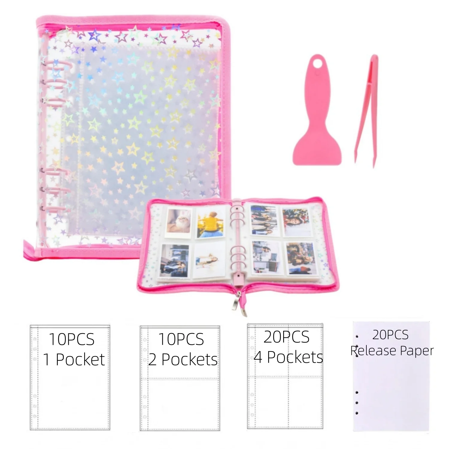 A5 Sticker Collection Keeper Holder Book 3 Size Pockets Zipper Binder with Release Papers Innner Paper and Tweezers and Squeegee