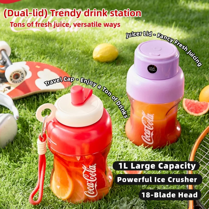 Vaso para jugos Coca-Cola Double Cap, vaso 2 en 1 para hacer jugos/beber, exprimidores eléctricos portátiles, recargables por USB, aptos para alimentos, para viajes