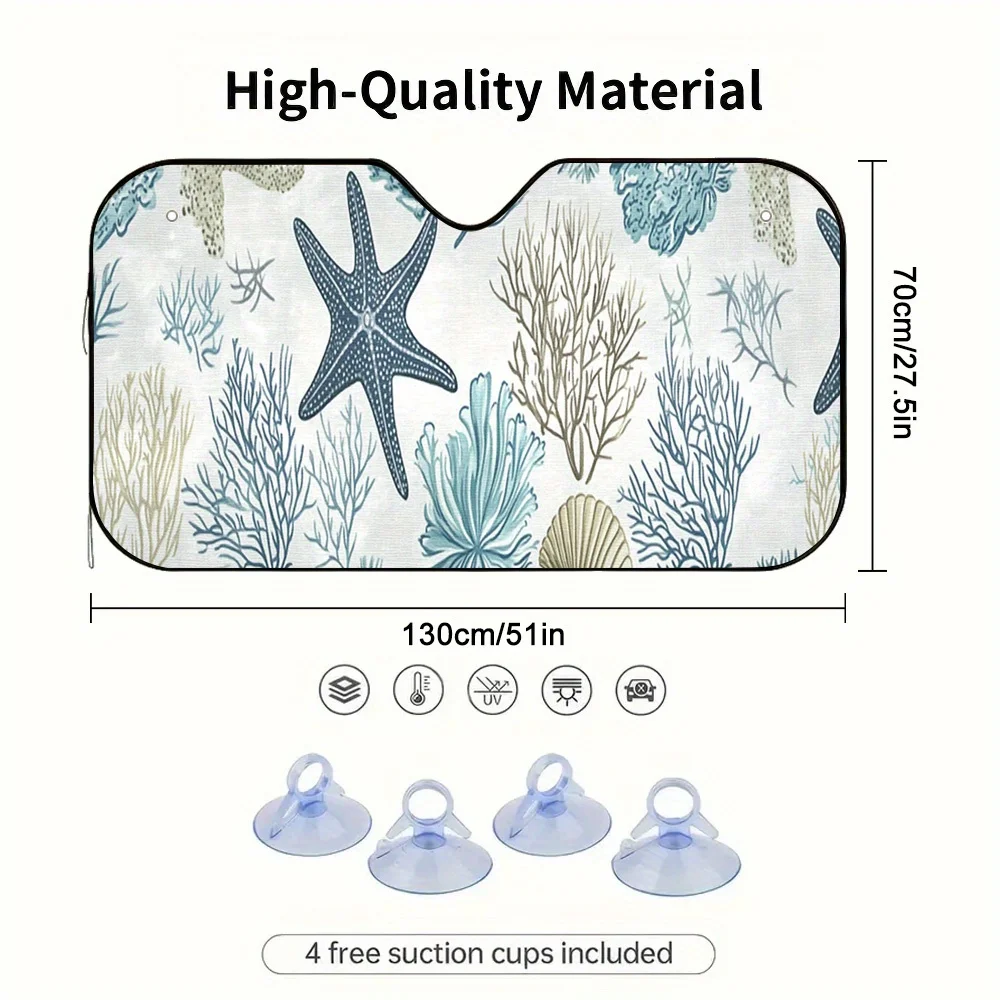 2D Flat Marine Coral Print Car Sunshade – Stylish & Efficient, Includes 4 Suction Cups For Easy Installation, Foldable For Conve