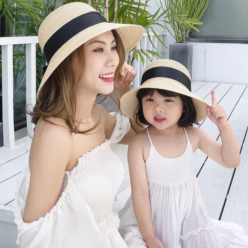 Parent-child Matching Straw Hats with Bow and Visor for Women, Kids Beach Hats