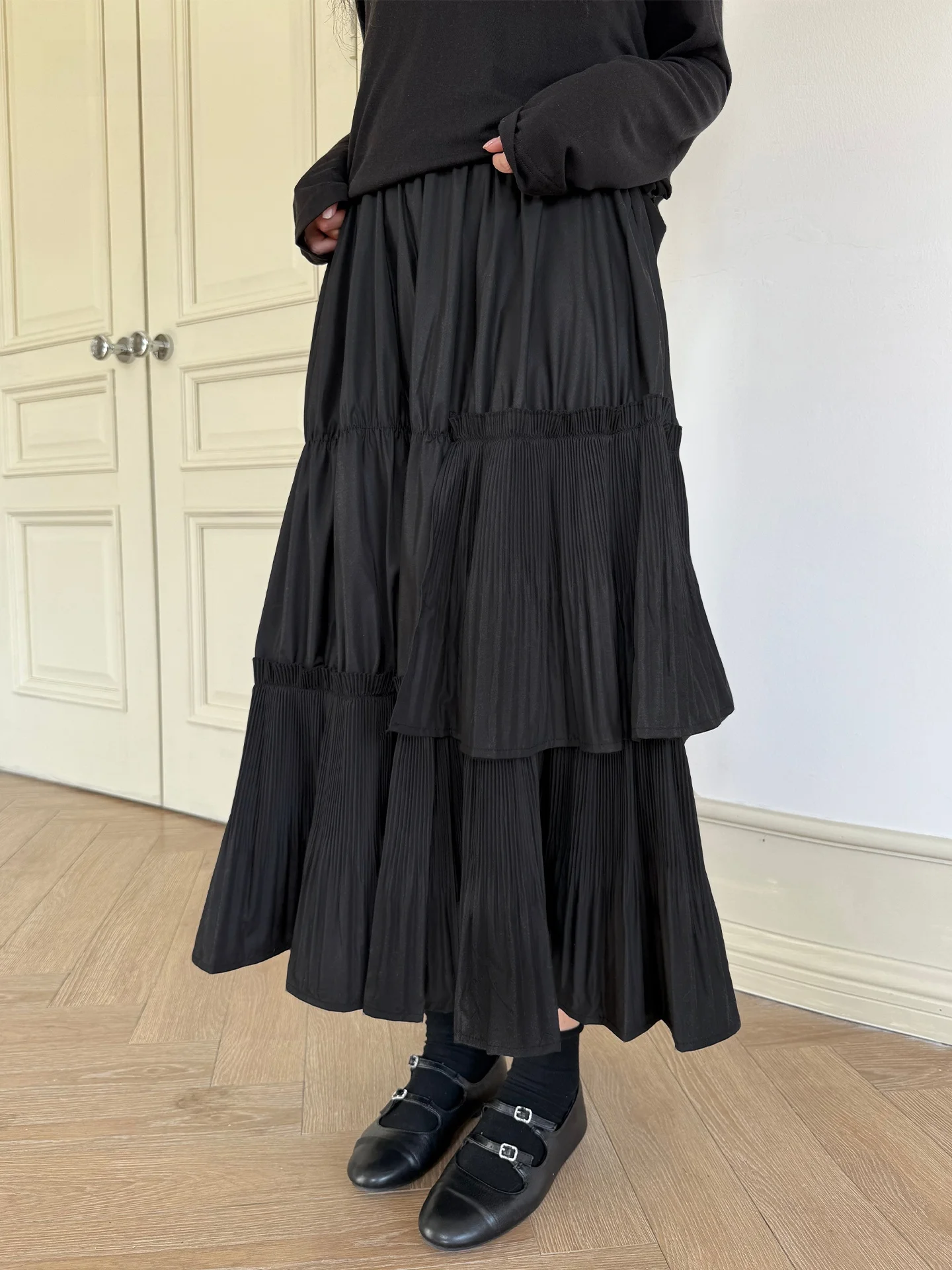 Land And Mountain Island【Gold】Multi-Layered Pleated Wooden  Dark Half-Skirt A-Line Cake Skirt Women's Cotton Blend Fabric